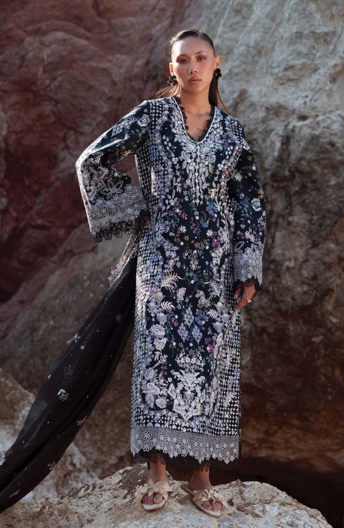 Afrozeh Embroidered Lawn Unstitched 3 Piece Suit - AL-25-V3-06 Saffron Jasper - Black - Summer Collection