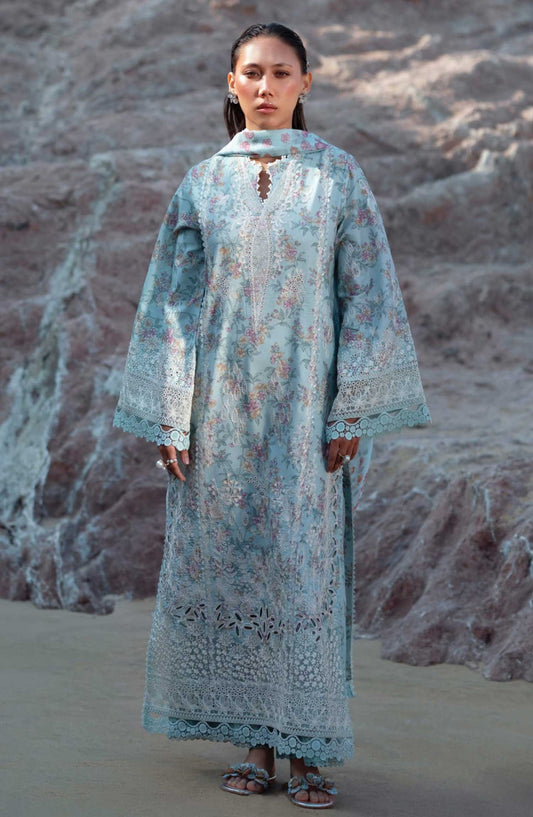 Afrozeh Embroidered Lawn Unstitched 3 Piece Suit - AL-25-V3-07 Aquamarine - Blue - Summer Collection