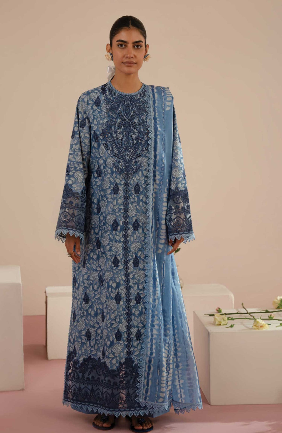 Floral Charm by Afrozeh Embroidered Lawn Unstitched 3 Piece - AL-25-V5-05 Kalina - AF25FC - Blue - Summer Collection