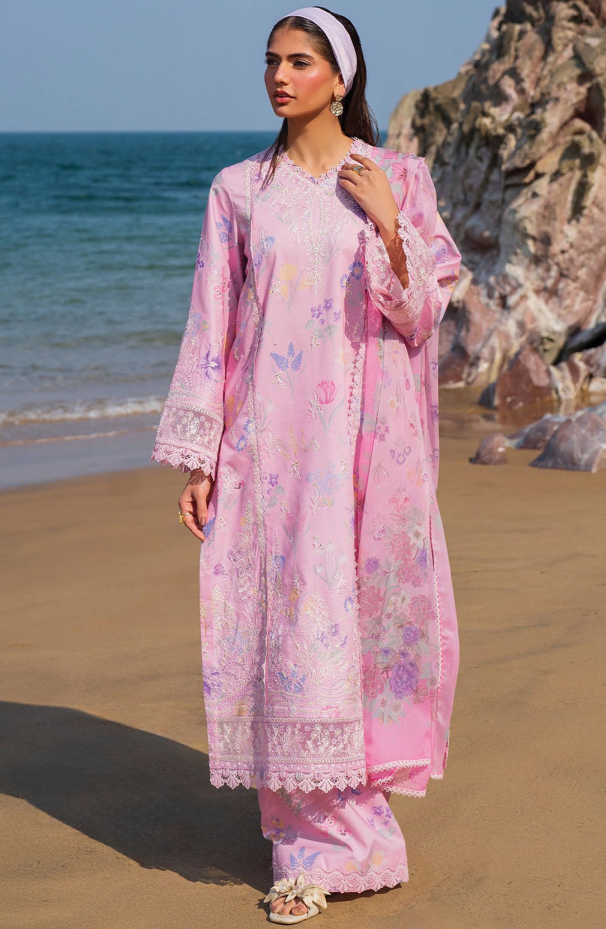 Afrozeh Embroidered Lawn Unstitched 3 Piece Suit - AL-25-V6-02 Gilded - AF25ESUL - Pink - Summer Collection