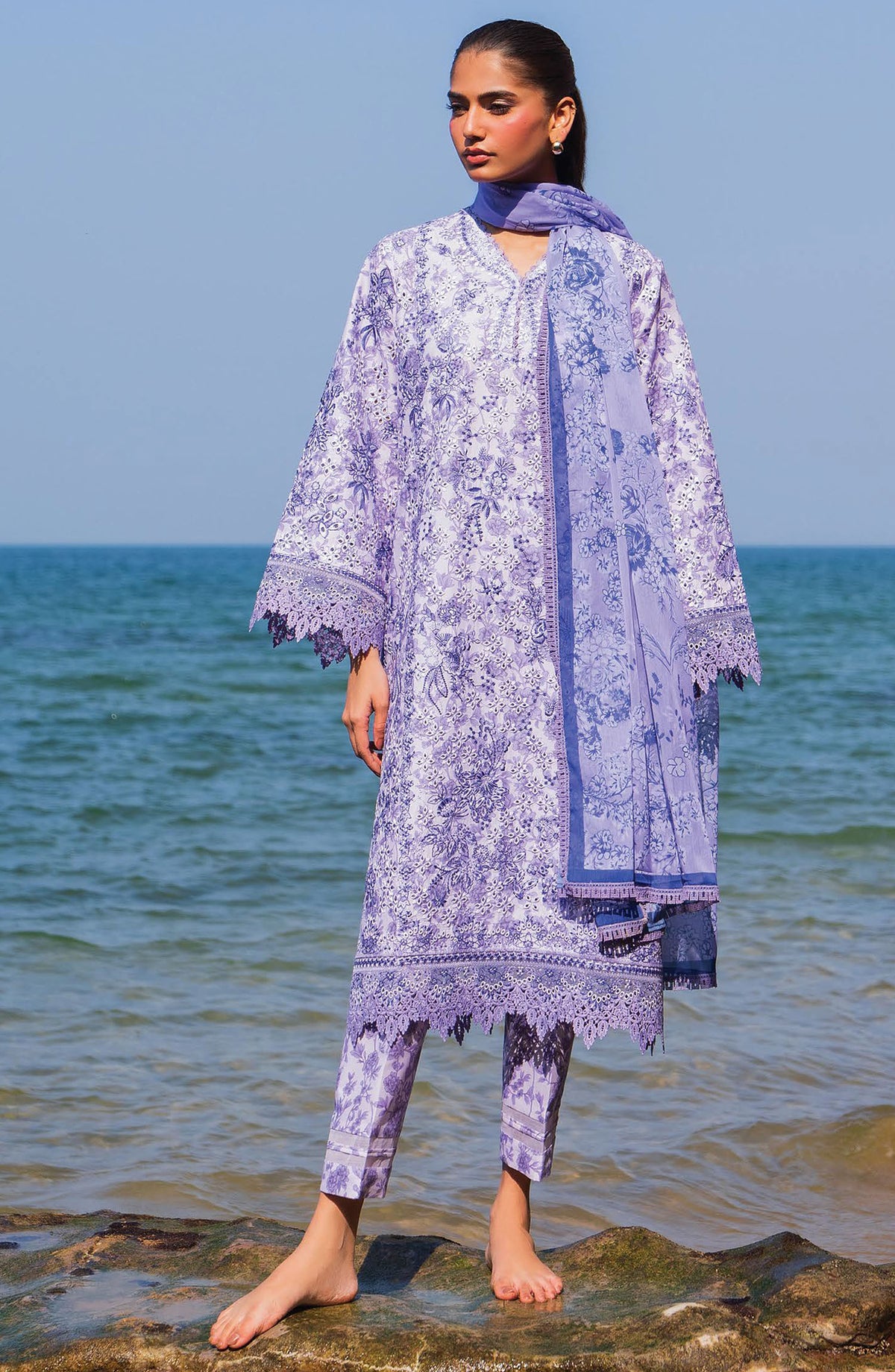 Afrozeh Embroidered Lawn Unstitched 3 Piece Suit - AL-25-V6-06 Verve - AF25ESUL - Purple - Summer Collection