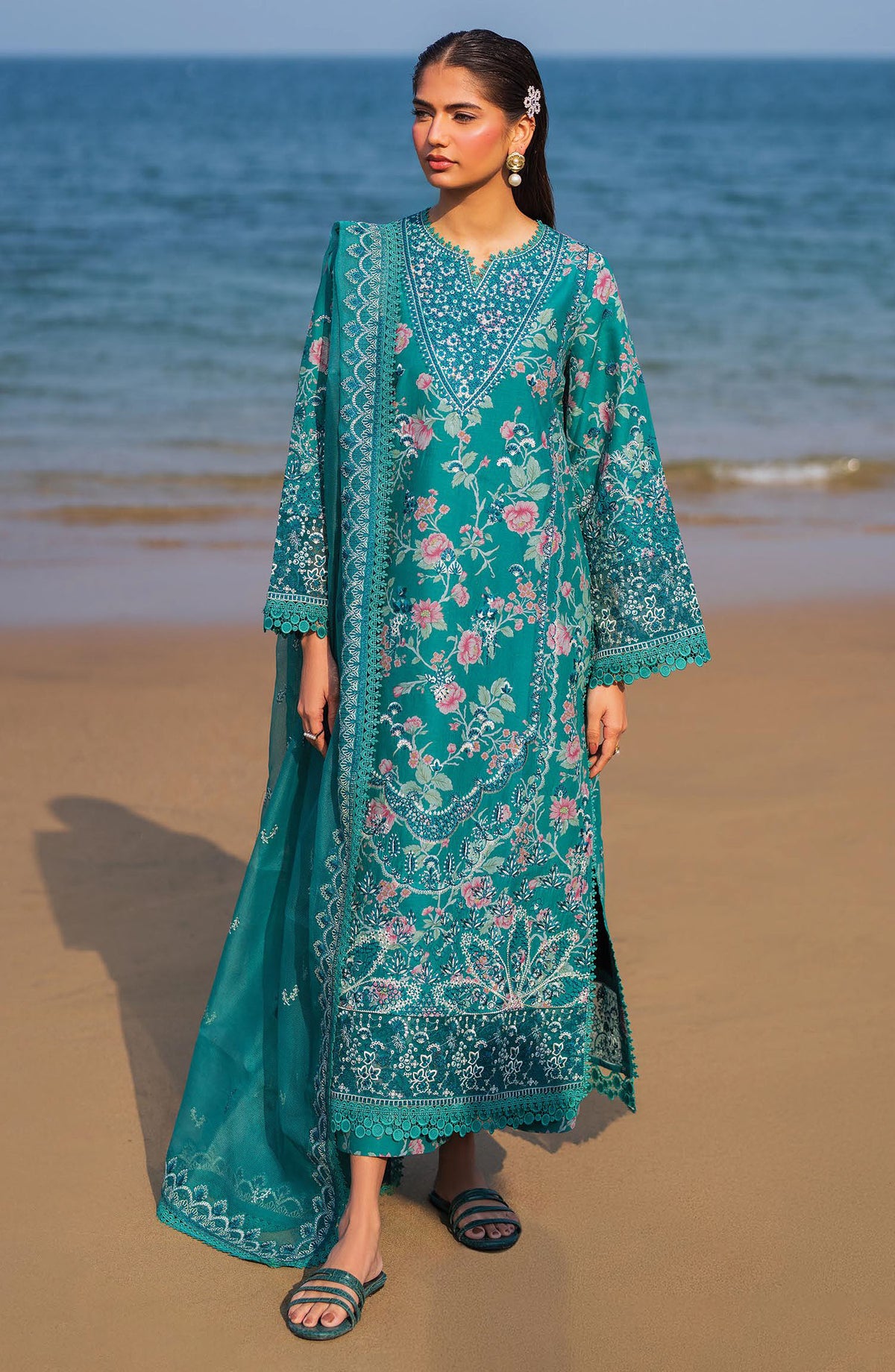 Afrozeh Embroidered Lawn Unstitched 3 Piece Suit - AL-25-V6-10 Plush - AF25ESUL - Green - Summer Collection