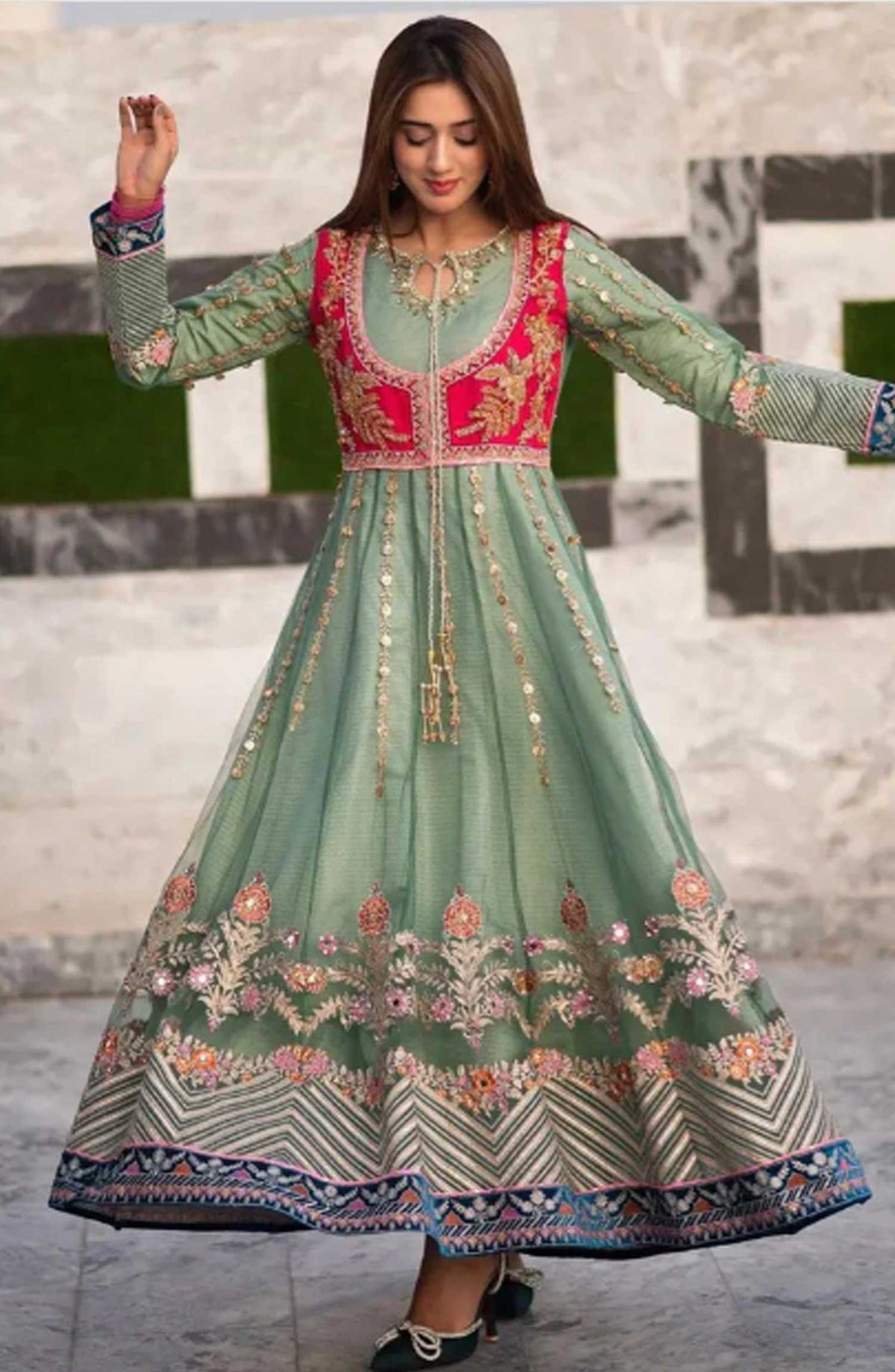Allys Embroidered Net Stitched 3 Piece - Al-3285 - Green - Festive Collection