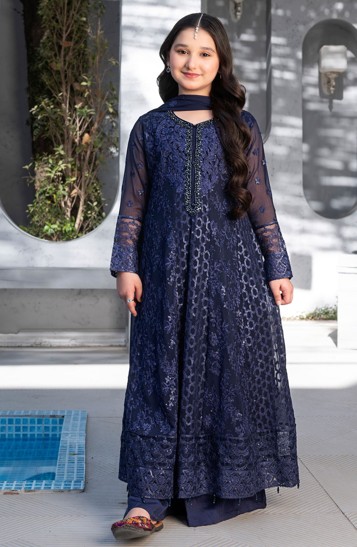 Mehru by Allys Embroidered Chiffon Stitched 3 Piece Suit - AL-4041 - ALL25MKF - Blue - Girls Festive Collection