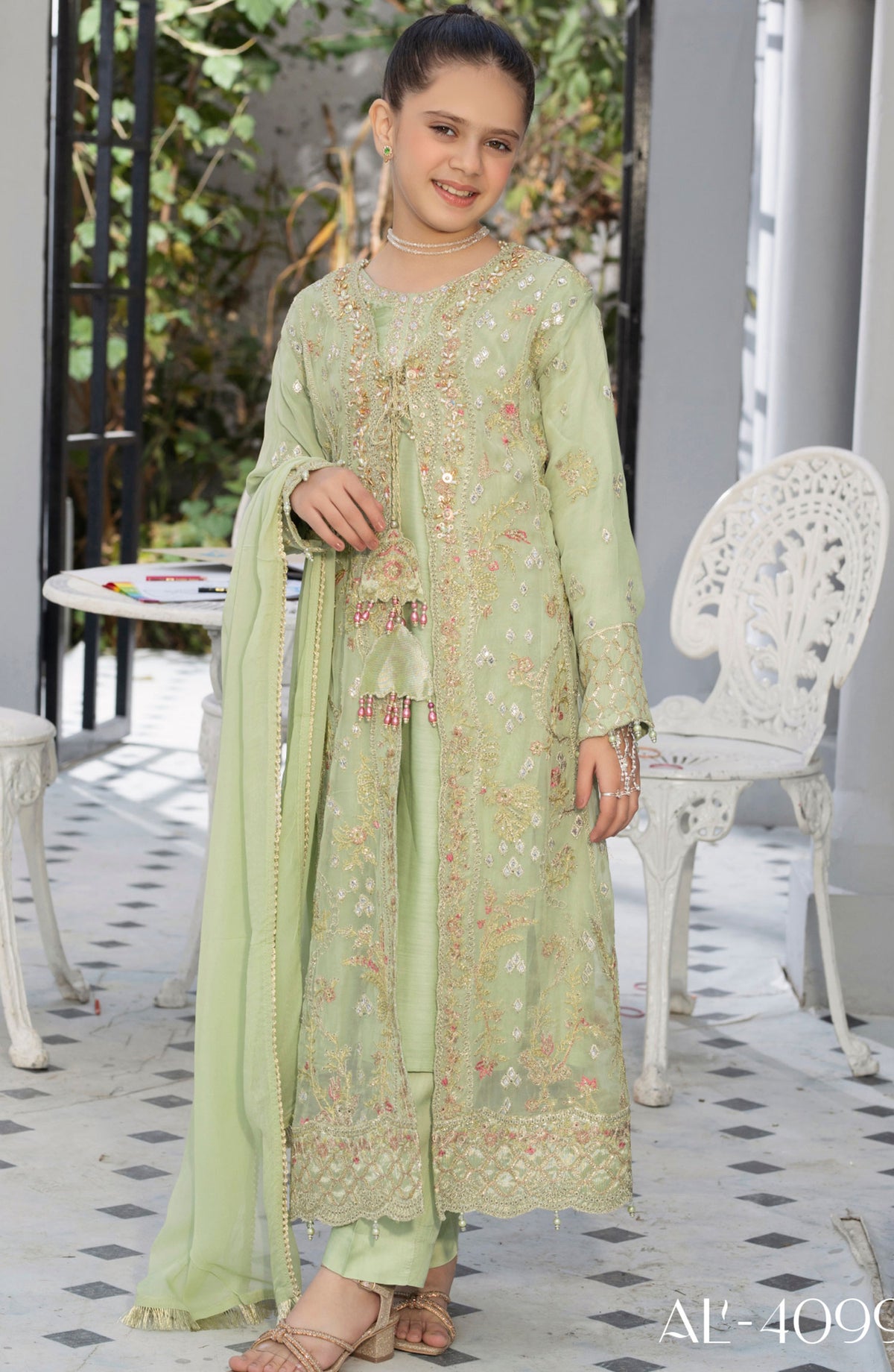 Noor by Allys Embroidered Chiffon Stitched 3 Piece - AL-4099 - AL25N - Light Lime - Formal Kids Collection
