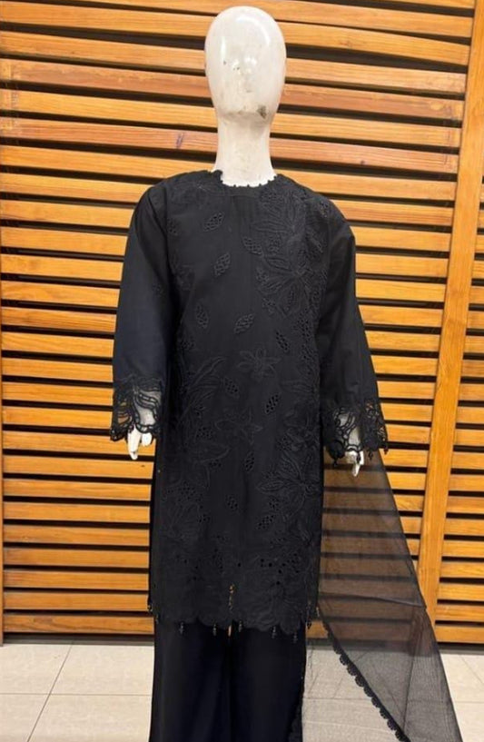 Allys Embroidered Cotton Stitched 3 Piece Suit - D-01 Black - ALL25KFC - Black - Festive Girls Collection