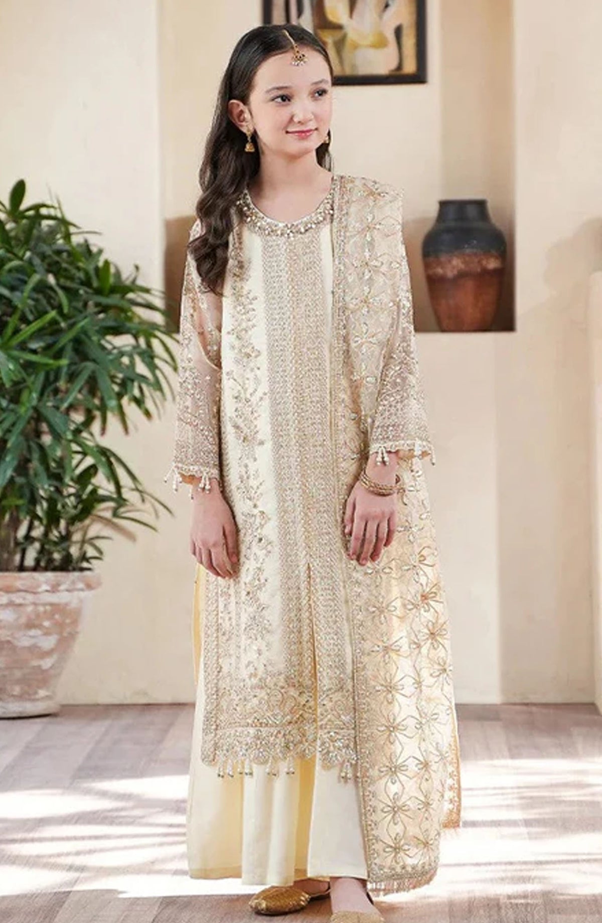 Allys Embroidered Organza Stitched 3 Piece Suit - AL-3881 - ALL25KFC - Off White - Festive Girls Collection