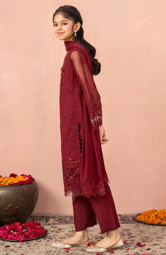Allys Embroidered Chiffon Stitched 3 Piece Suit - MAL-CS-AL-4079 - ALL25KFC - Red - Festive Girls Collection