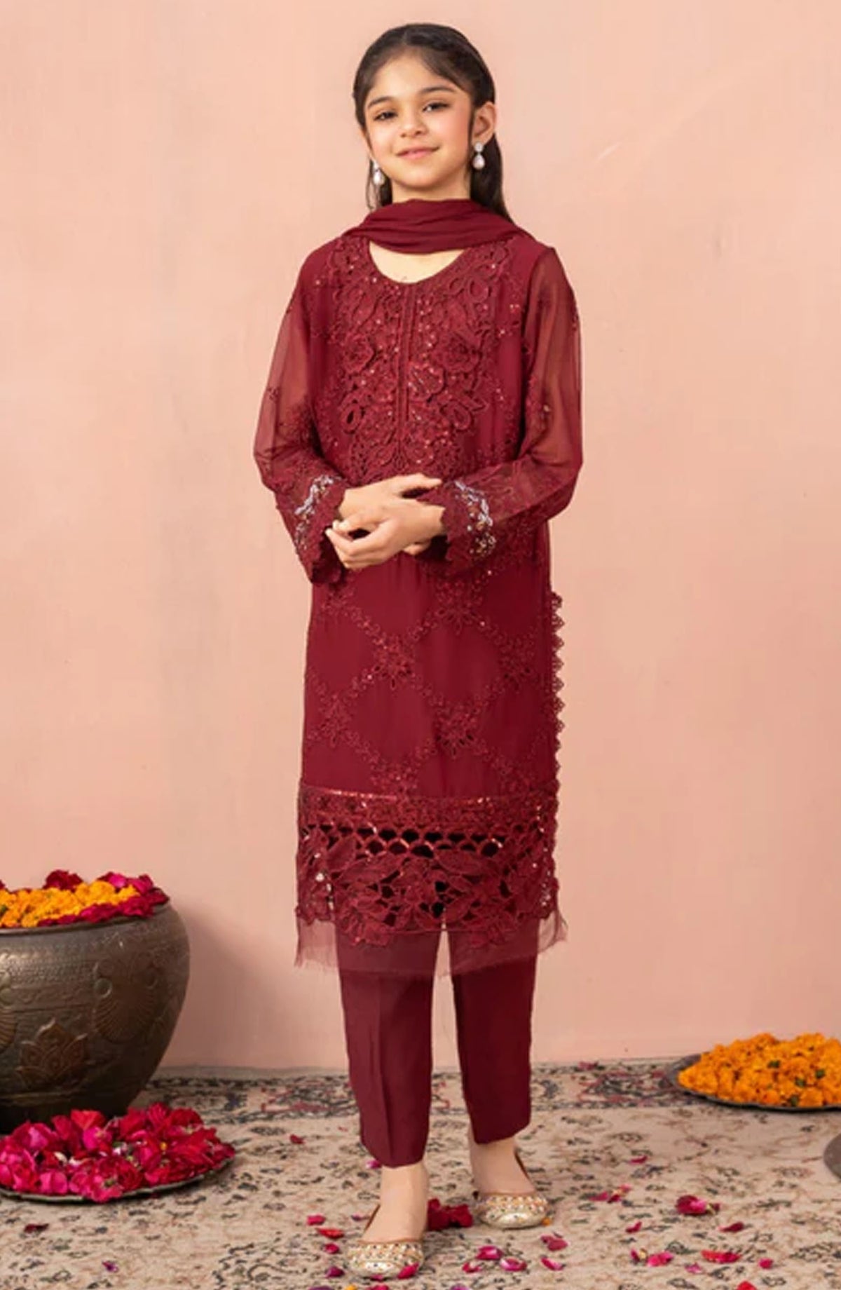Allys Embroidered Chiffon Stitched 3 Piece Suit - MAL-CS-AL-4079 - ALL25KFC - Red - Festive Girls Collection
