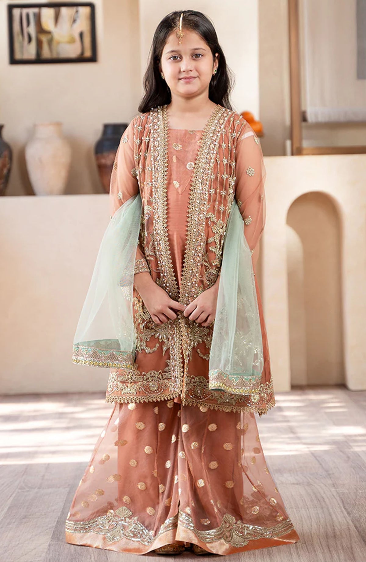 Allys Embroidered Stitched 3 Piece Suit - AR-124 - ALL25KFC - Pink - Festive Girls Collection
