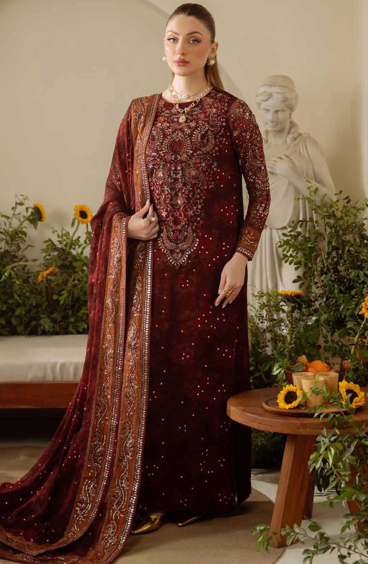 Amaya by Nureh Embroidered Chiffon Unstitched 4 Piece - AM 09 - NU25A - Maroon - Festive Collection