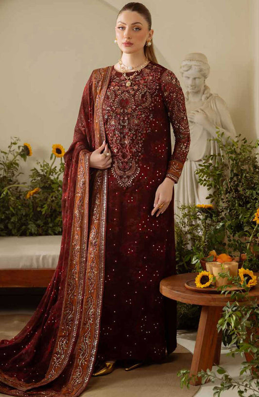 Amaya by Nureh Embroidered Chiffon Unstitched 4 Piece - AM 09 - NU25A - Maroon - Festive Collection