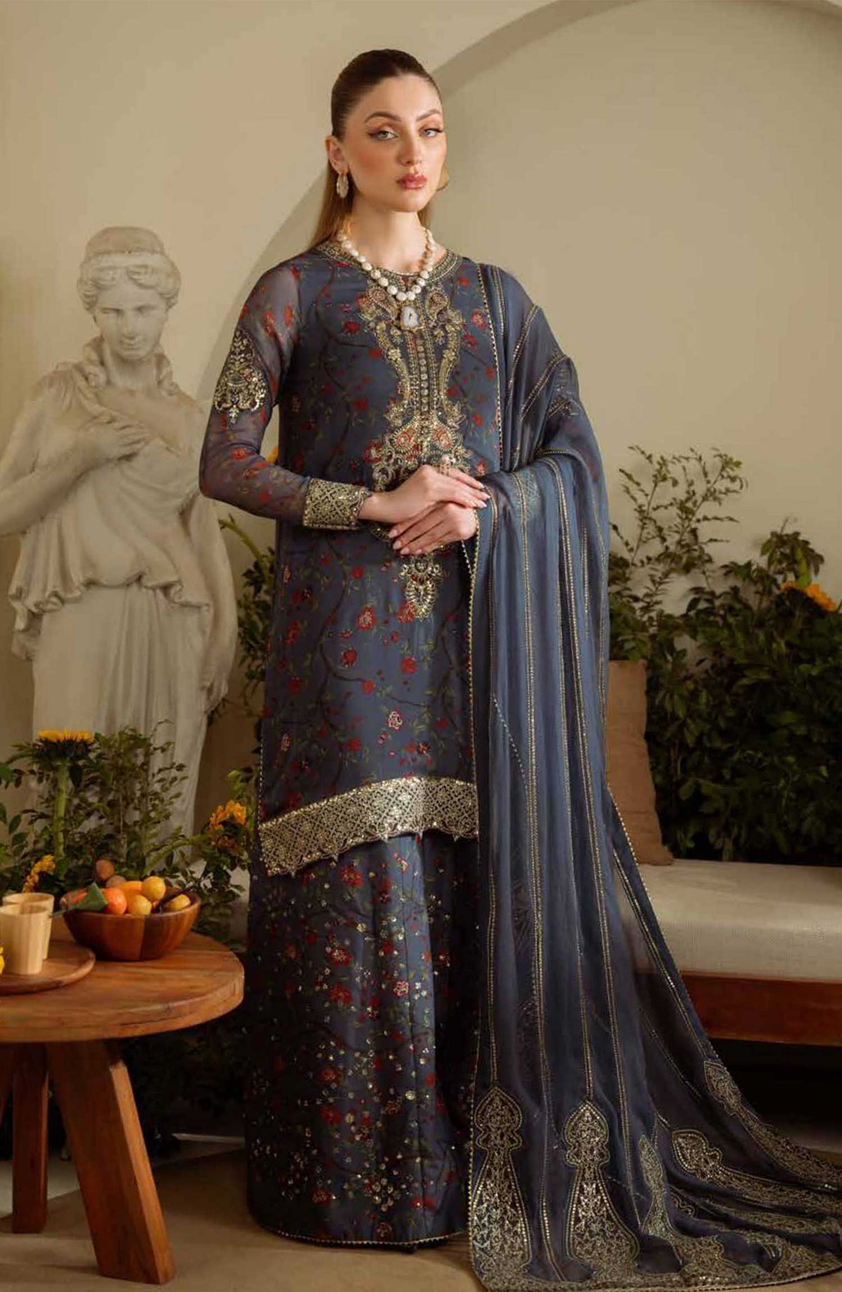 Amaya by Nureh Embroidered Chiffon Unstitched 4 Piece - AM 10 - NU25A - Blue - Festive Collection