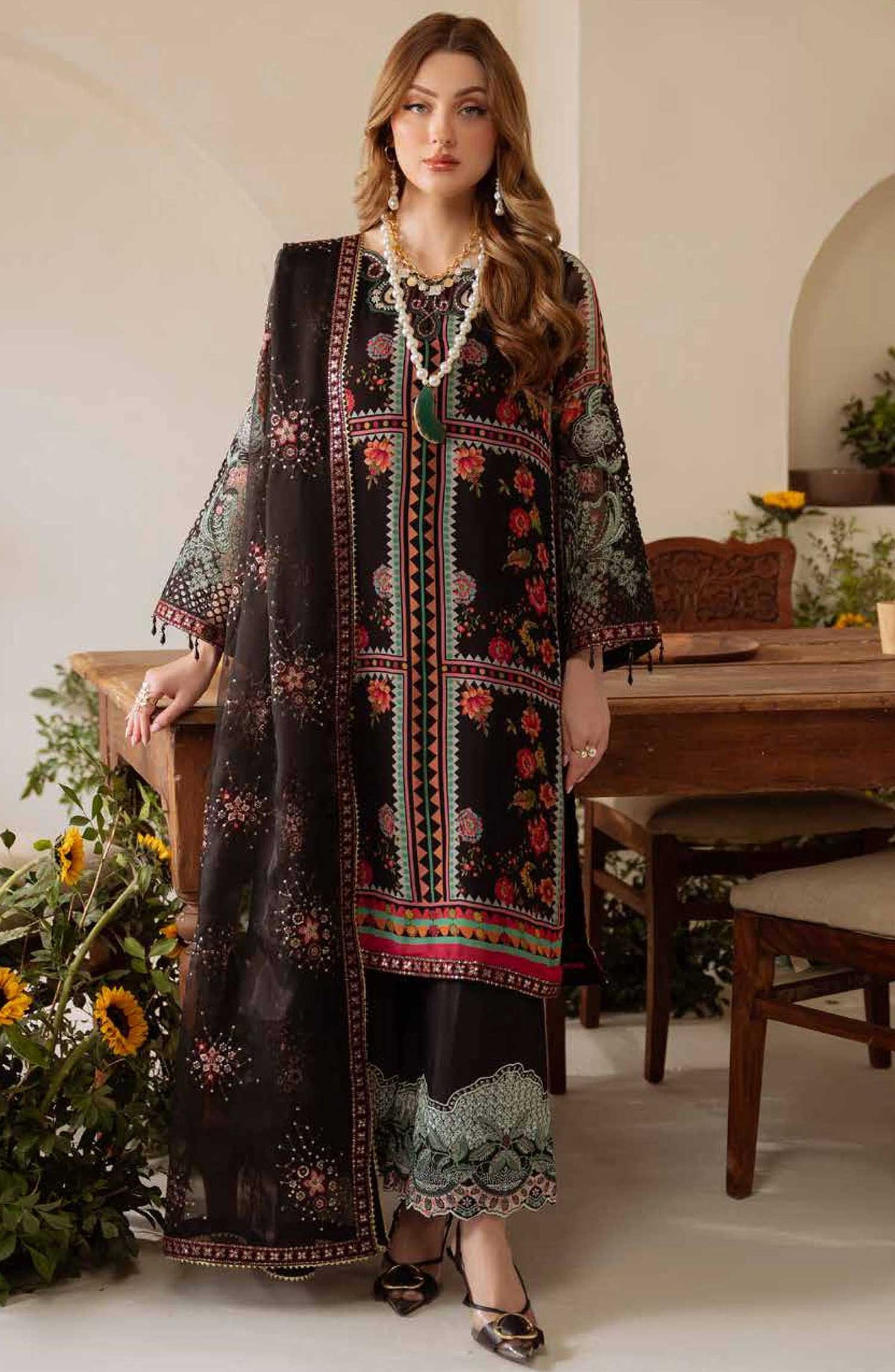 Amaya by Nureh Embroidered Chiffon Unstitched 4 Piece - AM 11 - NU25A - Black - Festive Collection