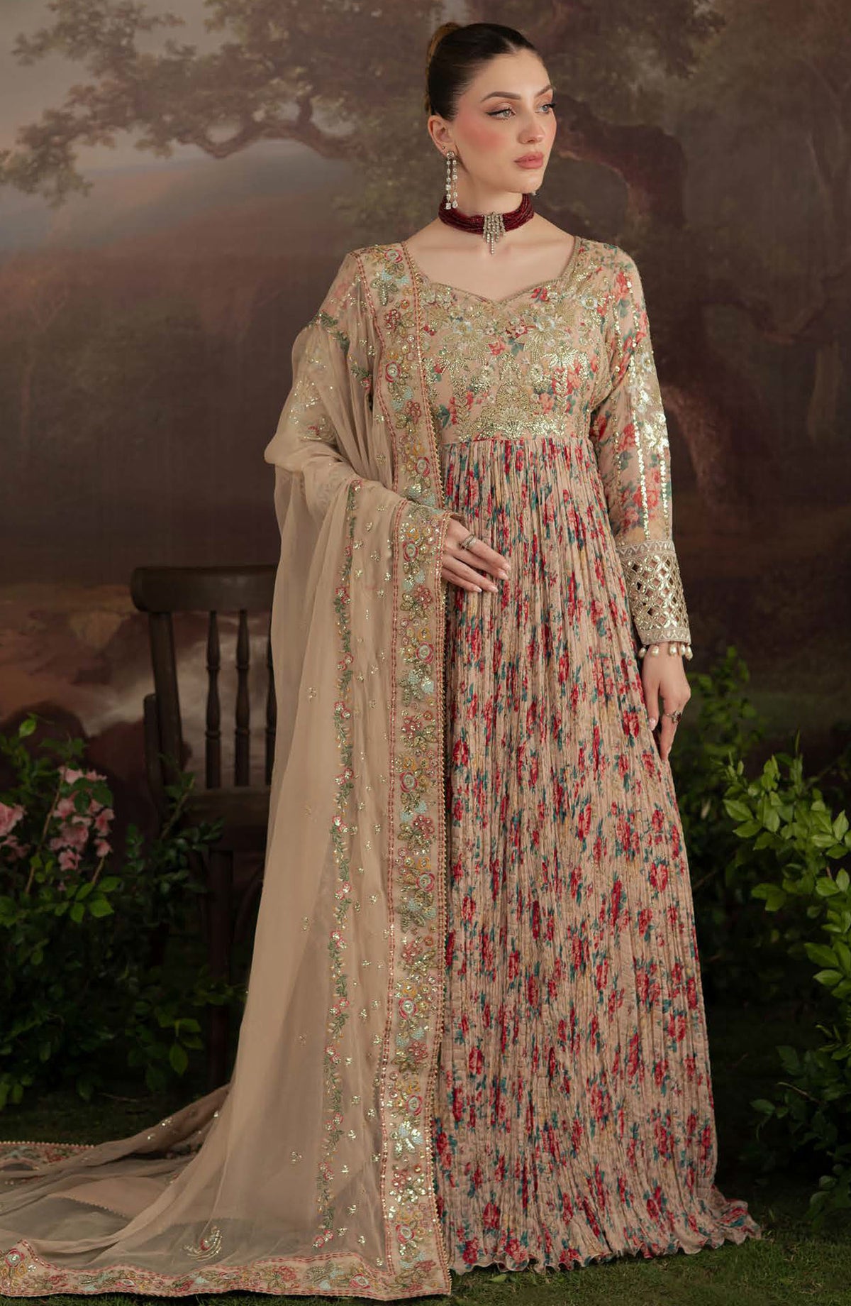 Amaya by Nureh Embroidered Chiffon Unstitched 4 Piece Suit - AM-13 - NU25ALC - Fawn - Wedding Collection