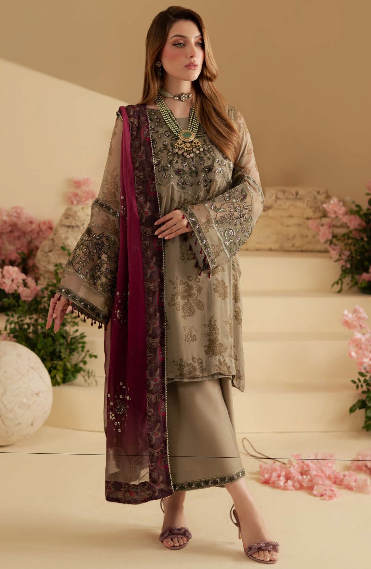 Amaya by Nureh Embroidered Chiffon Unstitched 4 Piece Suit - AM-15 - NU25ALC - Grey - Wedding Collection