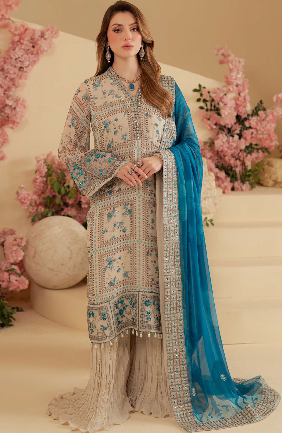Amaya by Nureh Embroidered Chiffon Unstitched 4 Piece Suit - AM-17 - NU25ALC - Beige - Wedding Collection