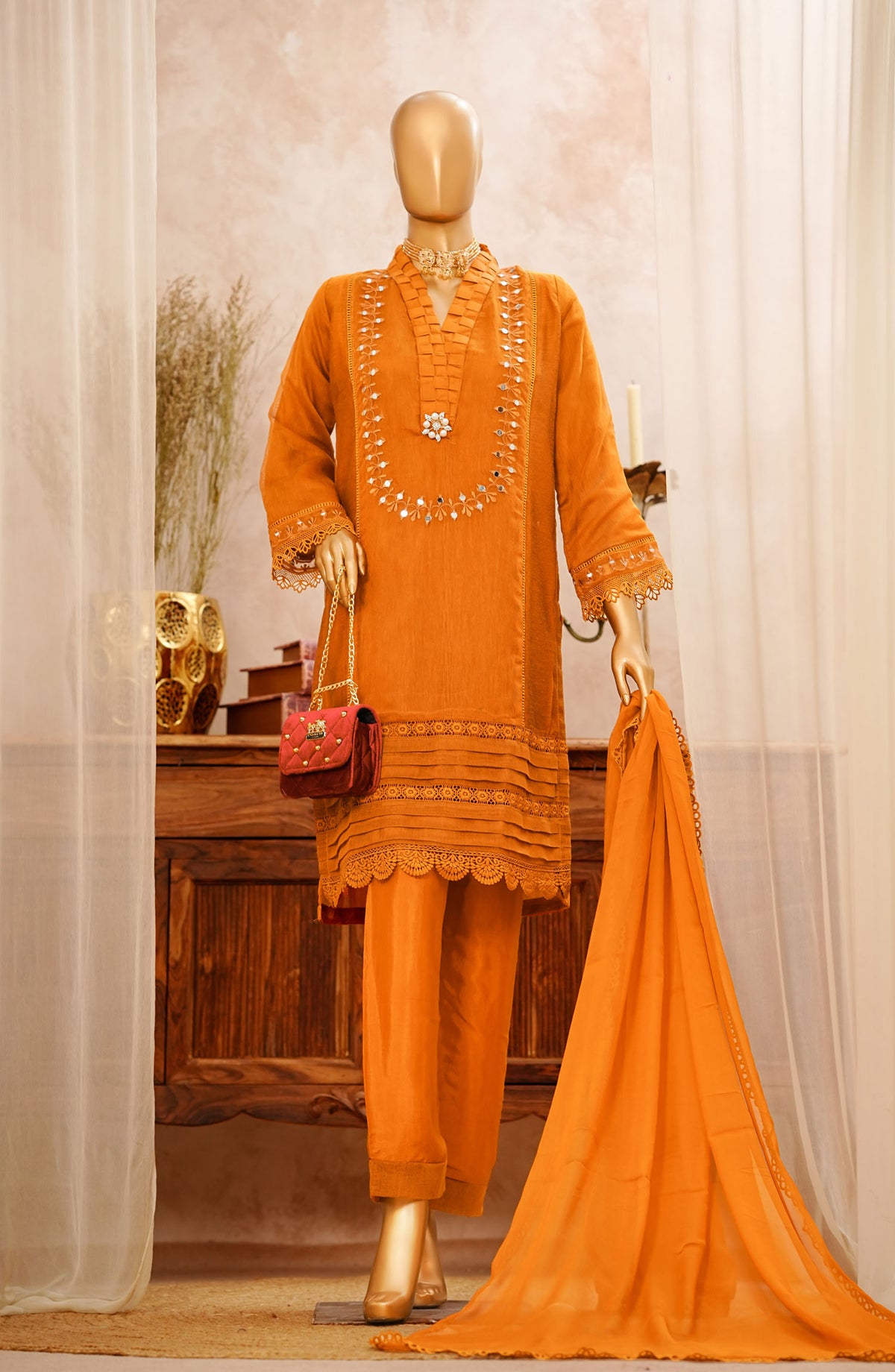 Amna Khadija Embroidered Khaadi Net Stitched 3 Piece Suit - TSS-02 - AM25TSS - Orange - Festive Collection