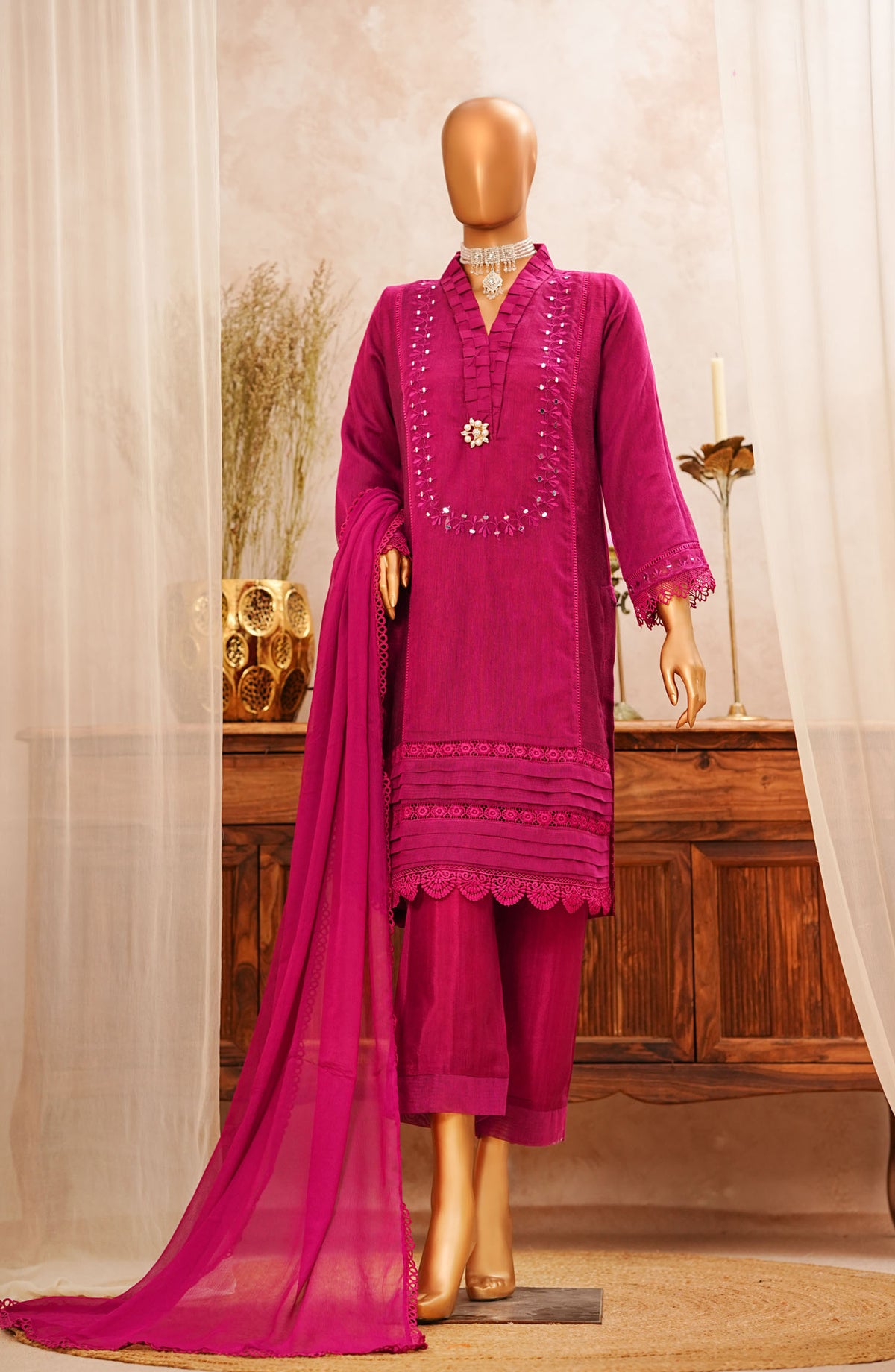 Amna Khadija Embroidered Khaadi Net Stitched 3 Piece Suit - TSS-01 - AM25TSS - Pink - Festive Collection