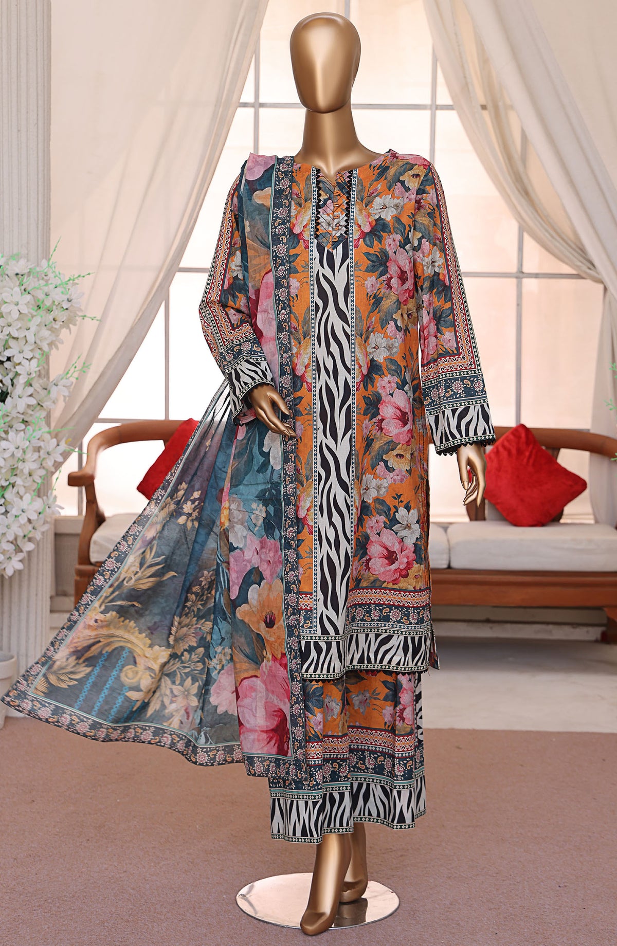 HZ Textile Printed Lawn Unstitched 3 Piece Suit - LP-543 - HZ25LUXP - Orange - Summer Collection