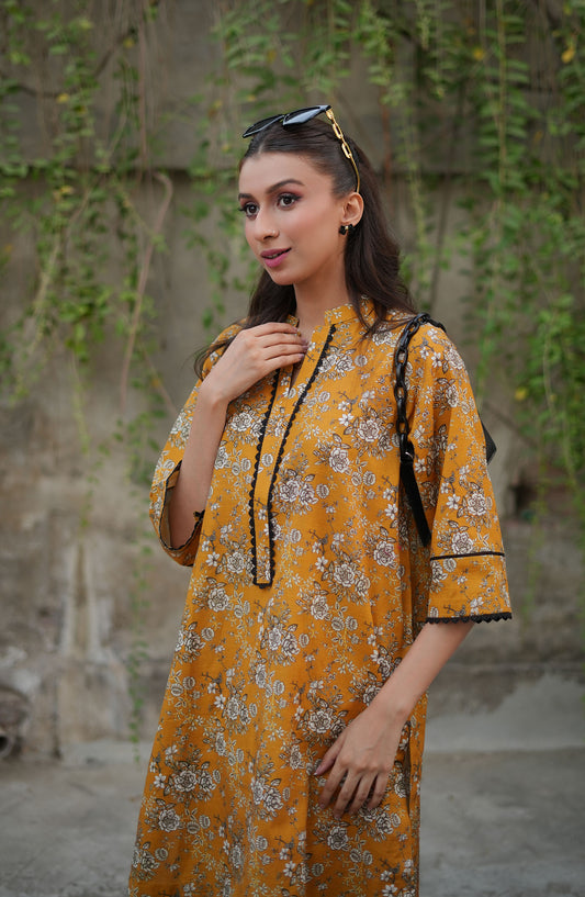 La Rosaa Printed khaddar Stitched 2 Piece - Aria - Mustard - Casual Collection