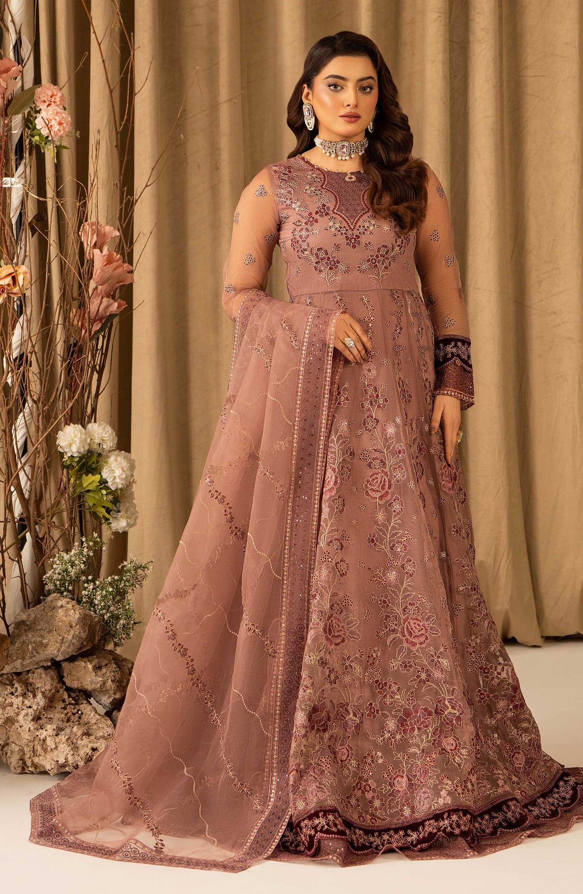 Humdum Creations Embroidered Organza Unstitched 4 Piece - Article 12 - Greyish Purple - HC25C - Festive Collection