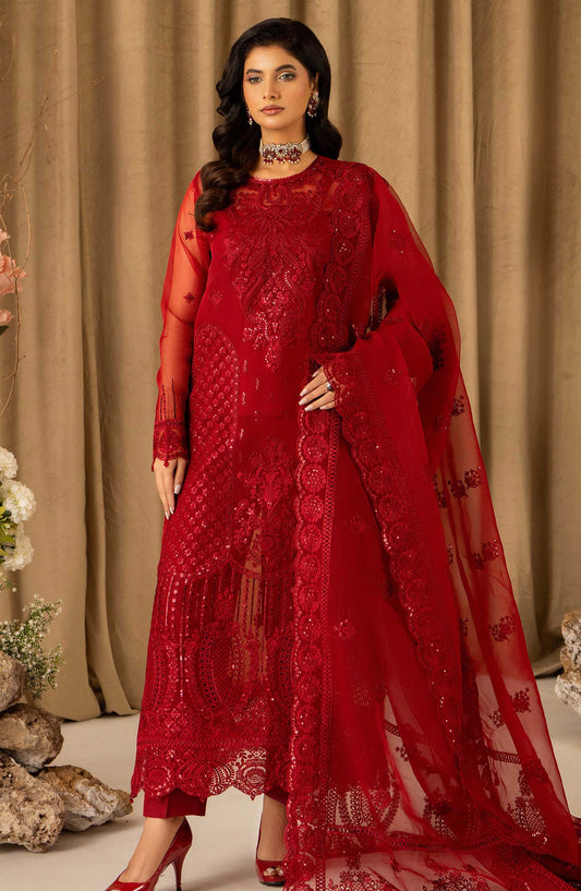 Humdum Creations Embroidered Organza Unstitched 4 Piece - Article 13 - Red - HC25C - Festive Collection