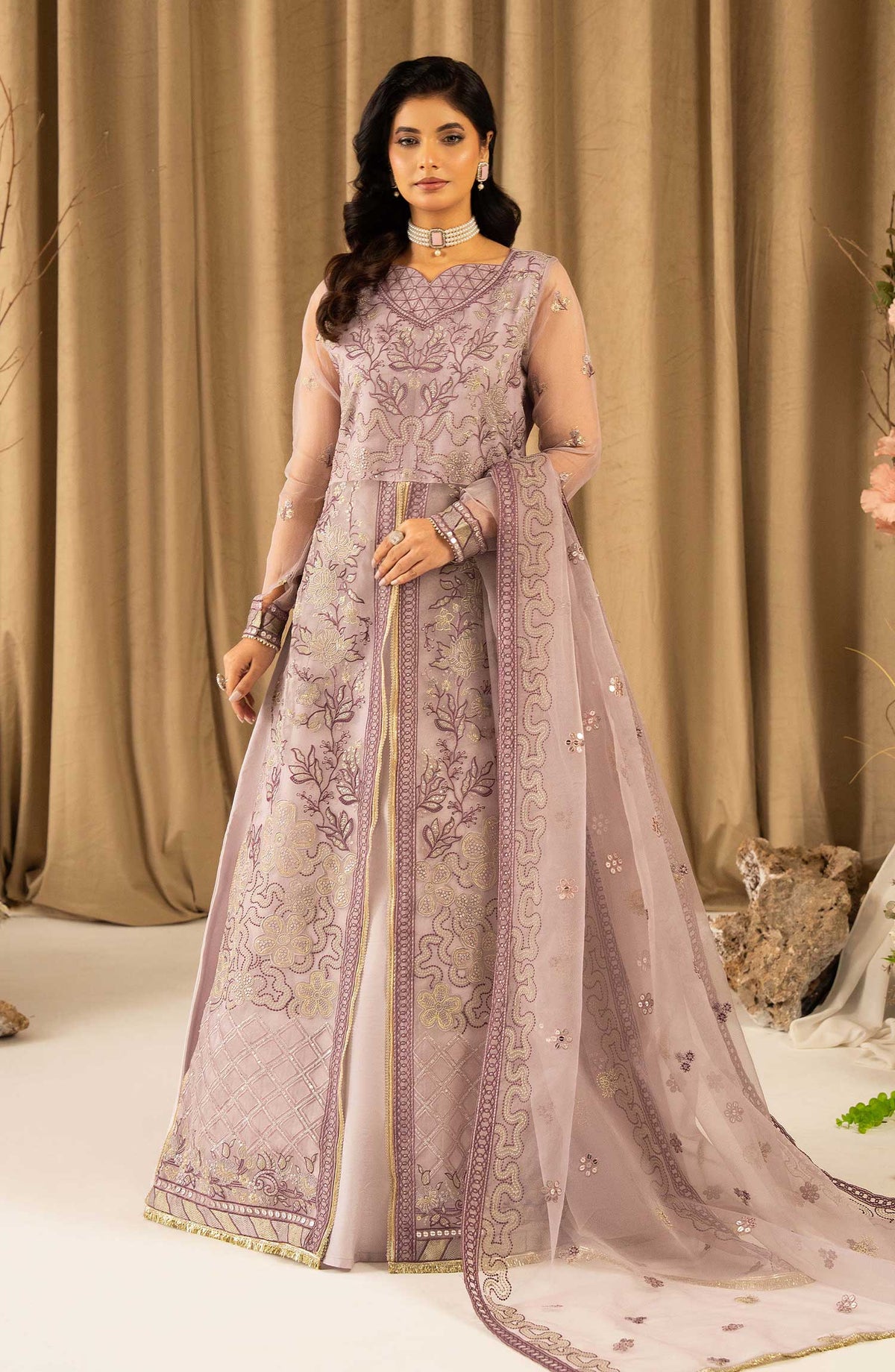 Humdum Creations Embroidered Organza Unstitched 4 Piece - Article 14 - Purple - HC25C - Festive Collection