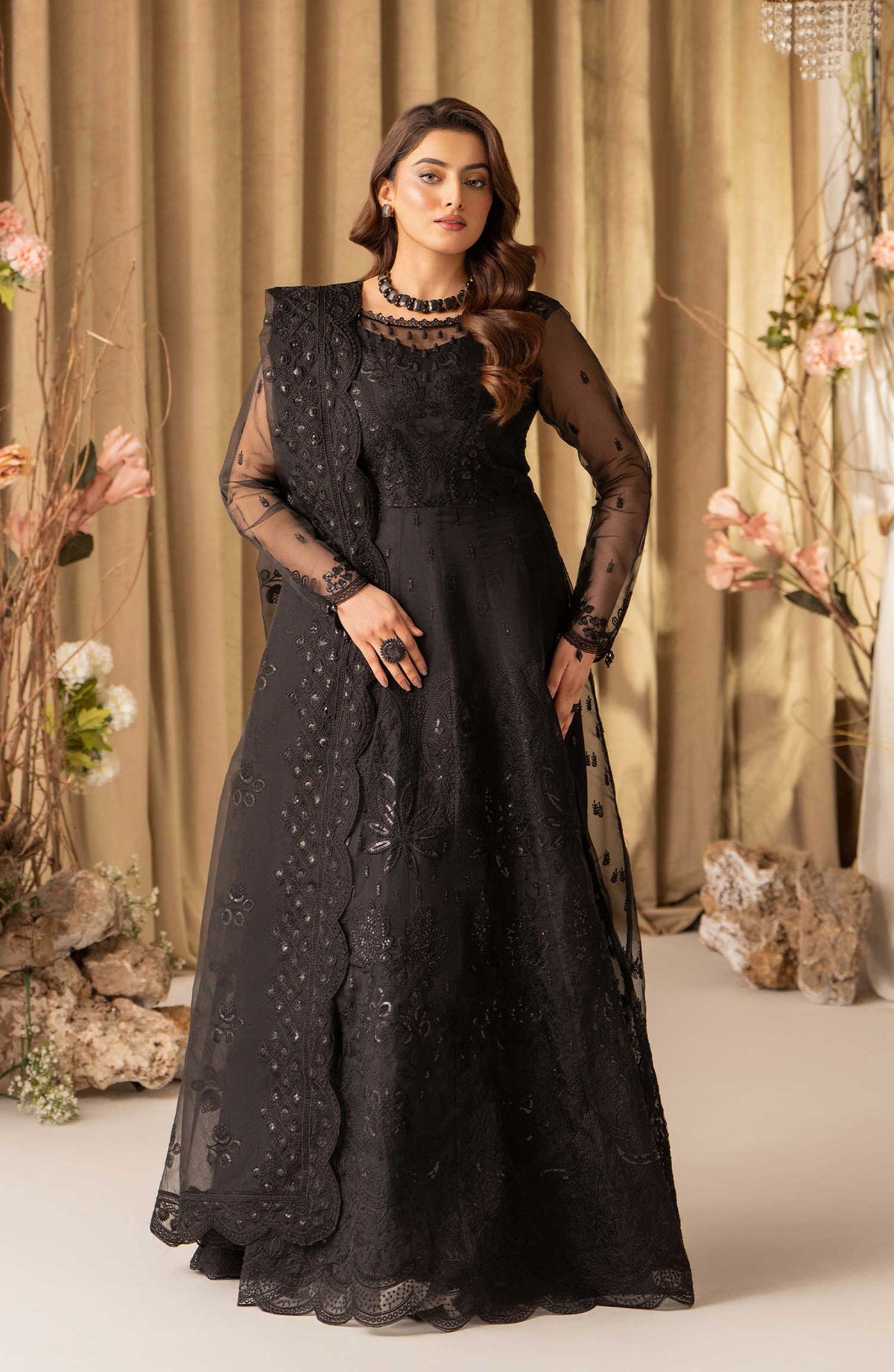 Humdum Creations Embroidered Organza Unstitched 4 Piece - Article 15 - Black - HC25C - Festive Collection