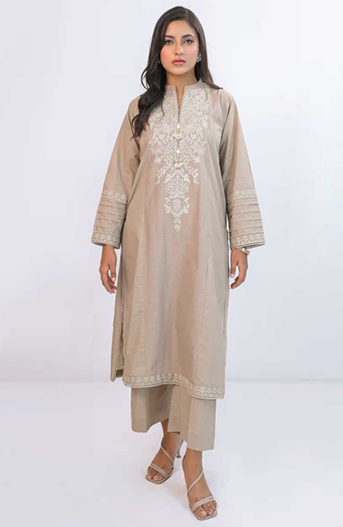 Ayla Studio Co-ords Slub Stitched 2 Piece - Arzoo - AS25CO - Beige - Casual Collection