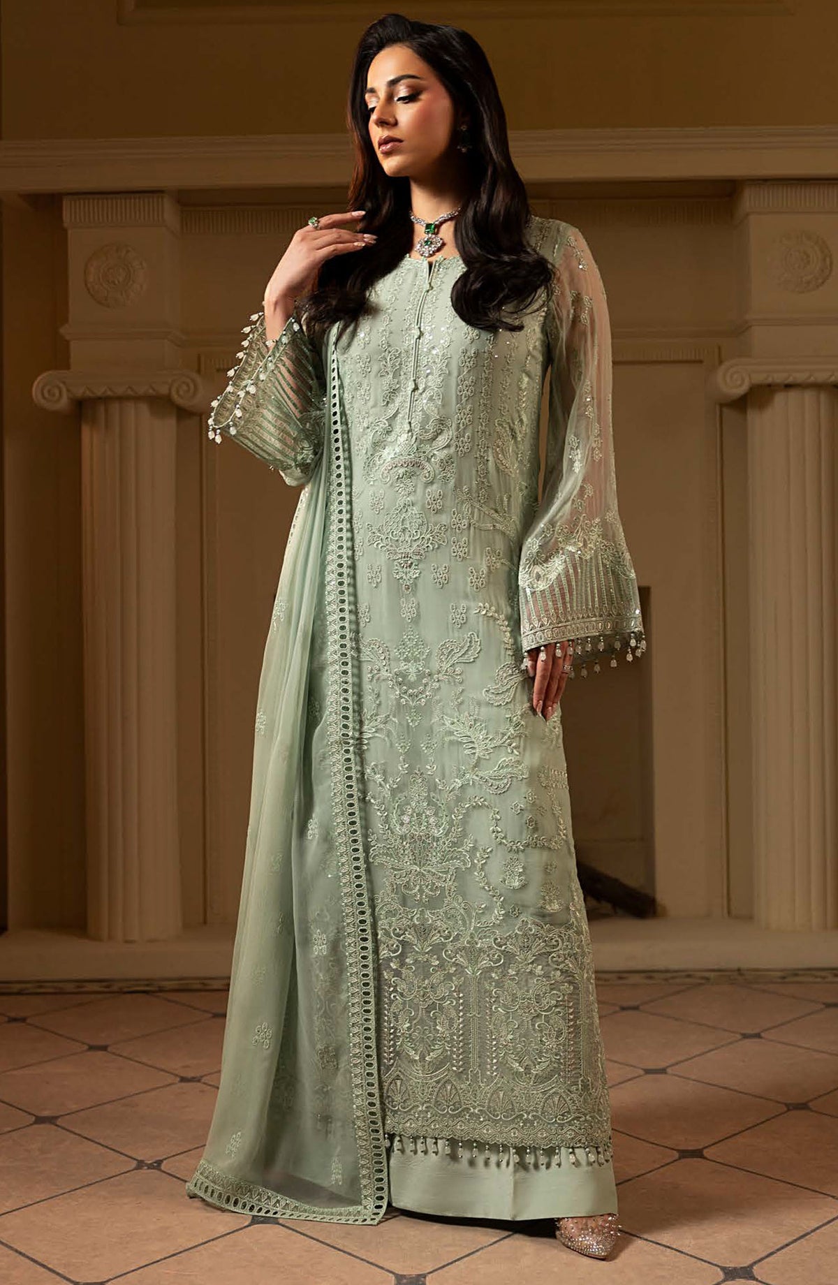 Ashnai by Lavish Premium Embroidered Chiffon Unstitched 3 Piece Suit - ASH-02 Sage Mist - LVP25ASH - Green - Festive Collection