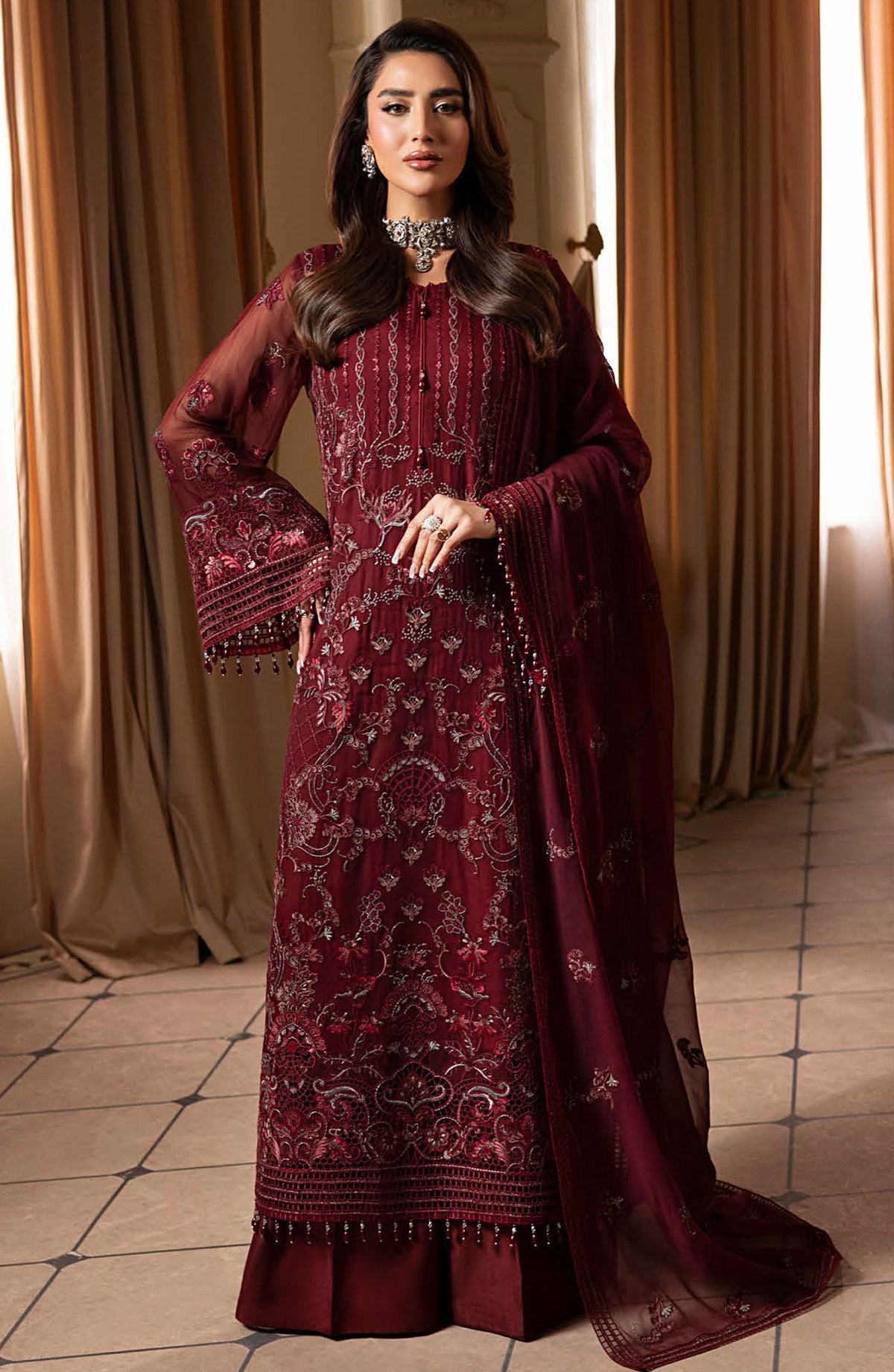 Ashnai by Lavish Premium Embroidered Chiffon Unstitched 3 Piece Suit - ASH-04 Burgundy Veil - LVP25ASH - Maroon - Festive Collection