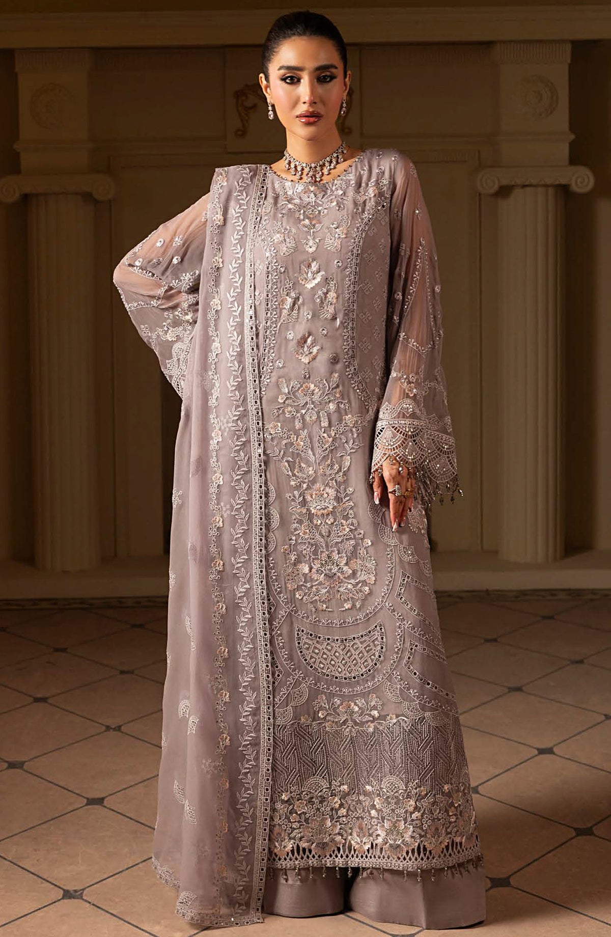 Ashnai by Lavish Premium Embroidered Chiffon Unstitched 3 Piece Suit - ASH-05 Dusty Rose - LVP25ASH - Purple - Festive Collection