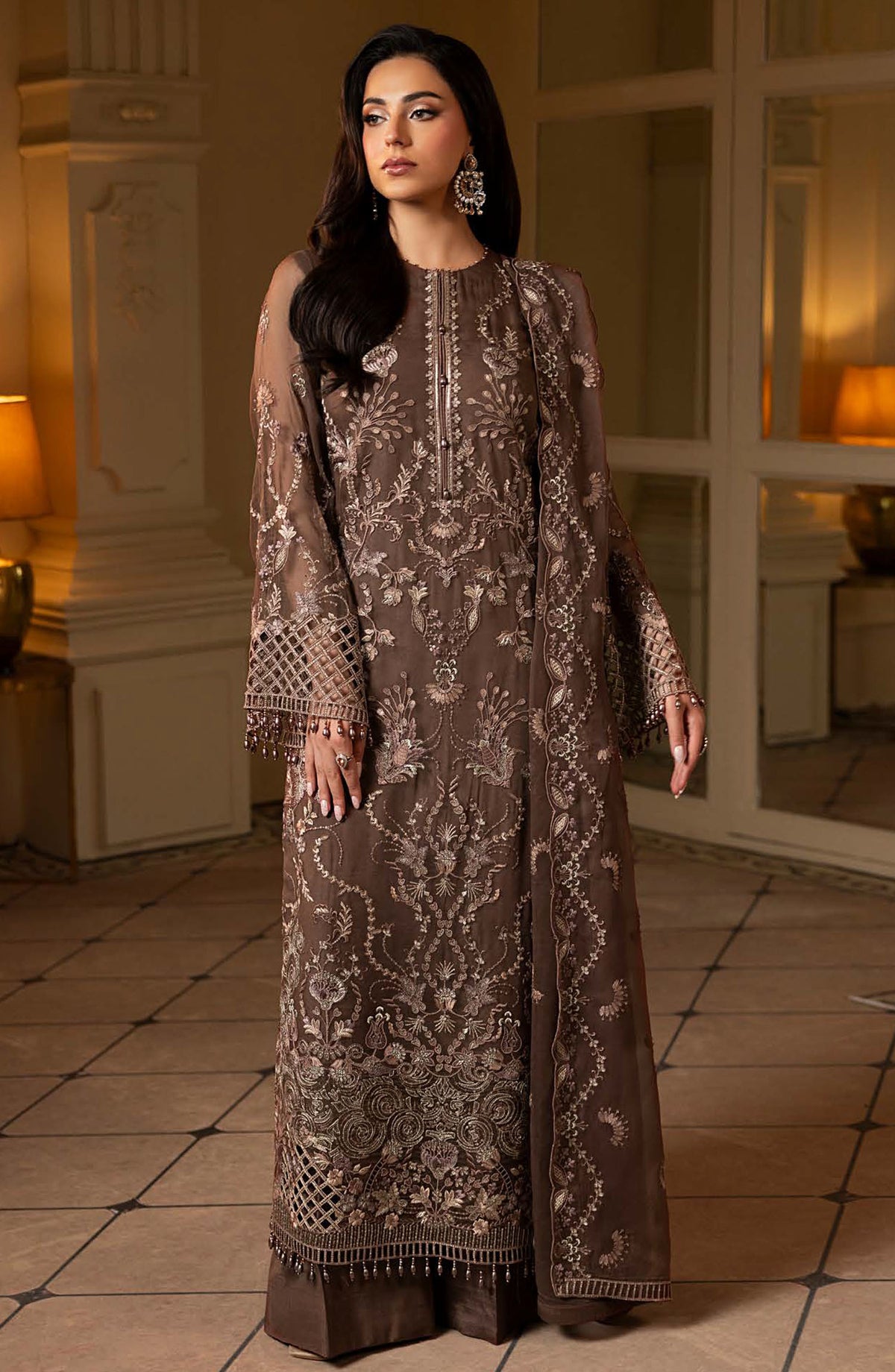 Ashnai by Lavish Premium Embroidered Chiffon Unstitched 3 Piece Suit - ASH-08 Mocha Bloom - LVP25ASH - Brown - Festive Collection