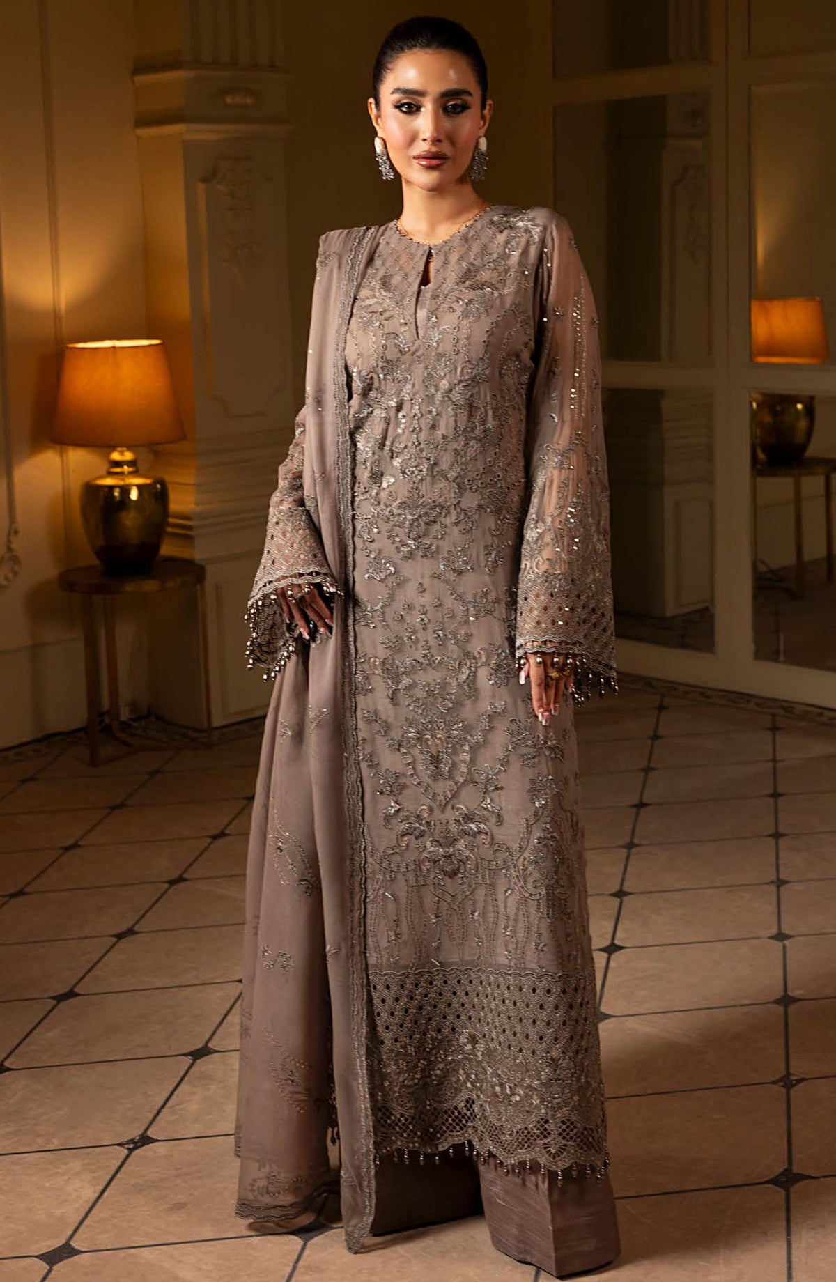 Ashnai by Lavish Premium Embroidered Chiffon Unstitched 3 Piece Suit - ASH-10 Rustic Grace - LVP25ASH - Grey - Festive Collection