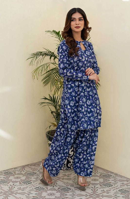Rangeen Printed Khaddar Stitched 2 Piece - Aster Harmony - R25DW - Blue - Winter Collection