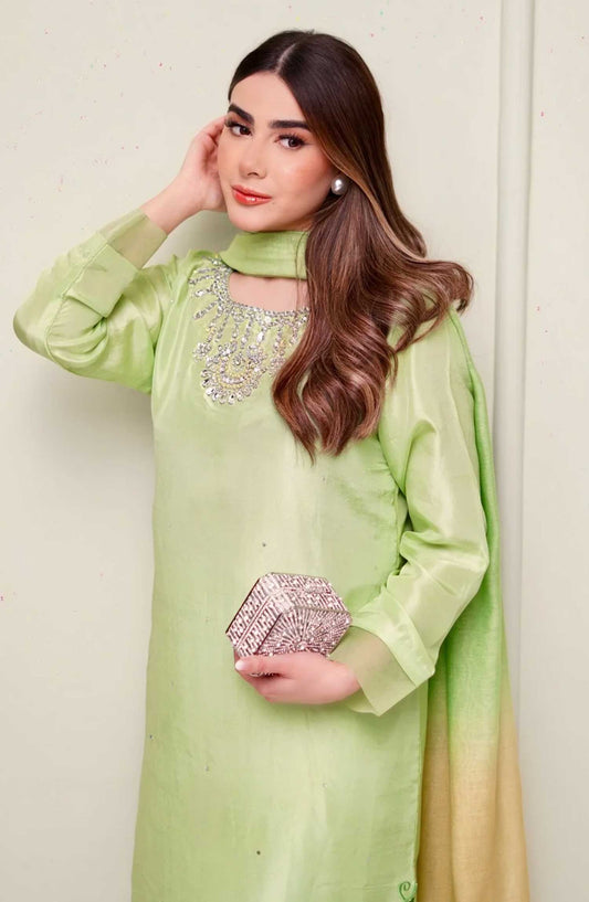 Luna Edit By Hues Atelier Embroidered Korean Raw Silk Stitched 2 Piece - Avocado Green - HA25L - Festive Collection