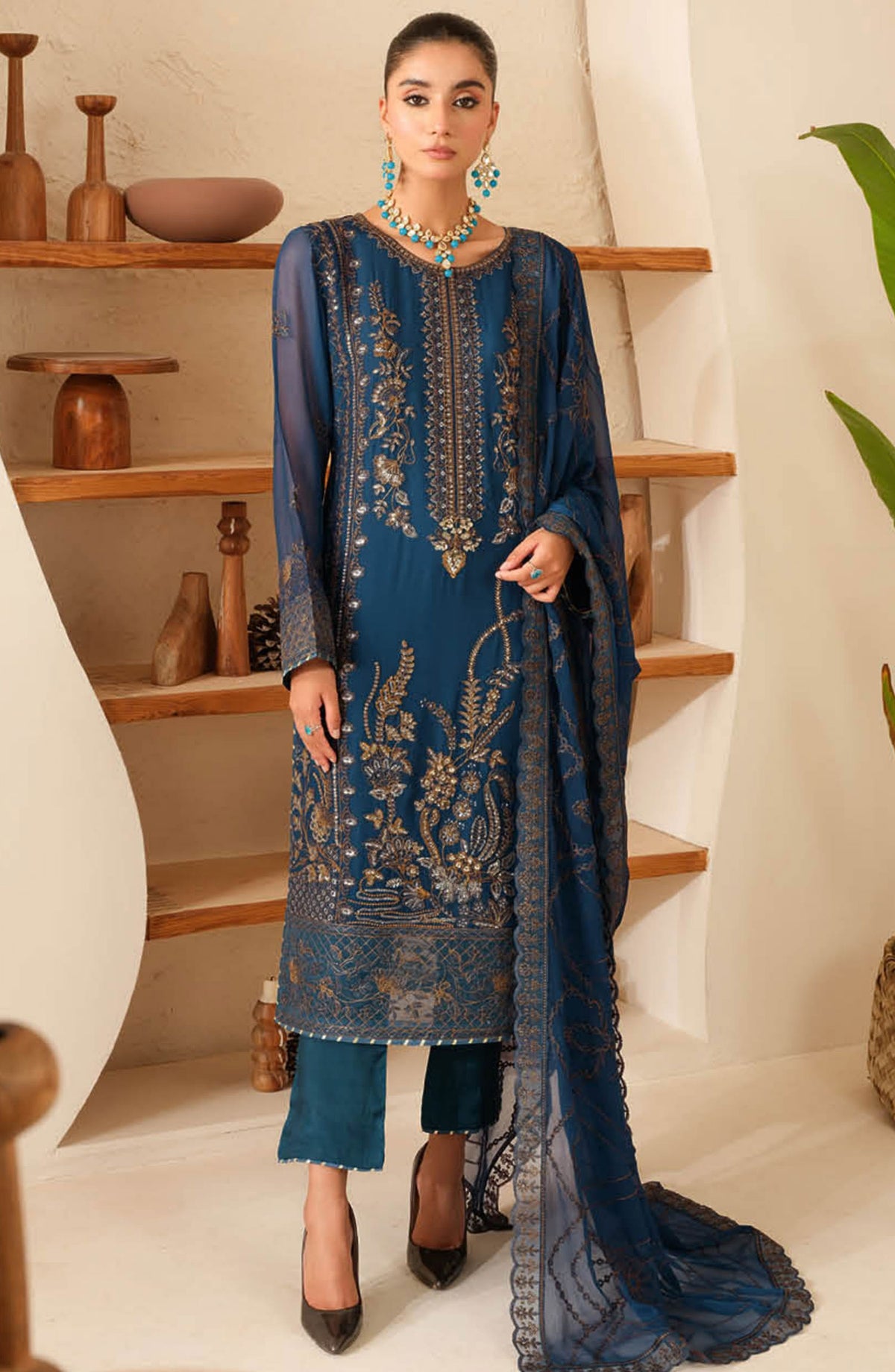 Sonehri by Ramsha Embroidered Chiffon Unstitched 3 Piece - BB-101 - R25S - Blue - Formal Collection