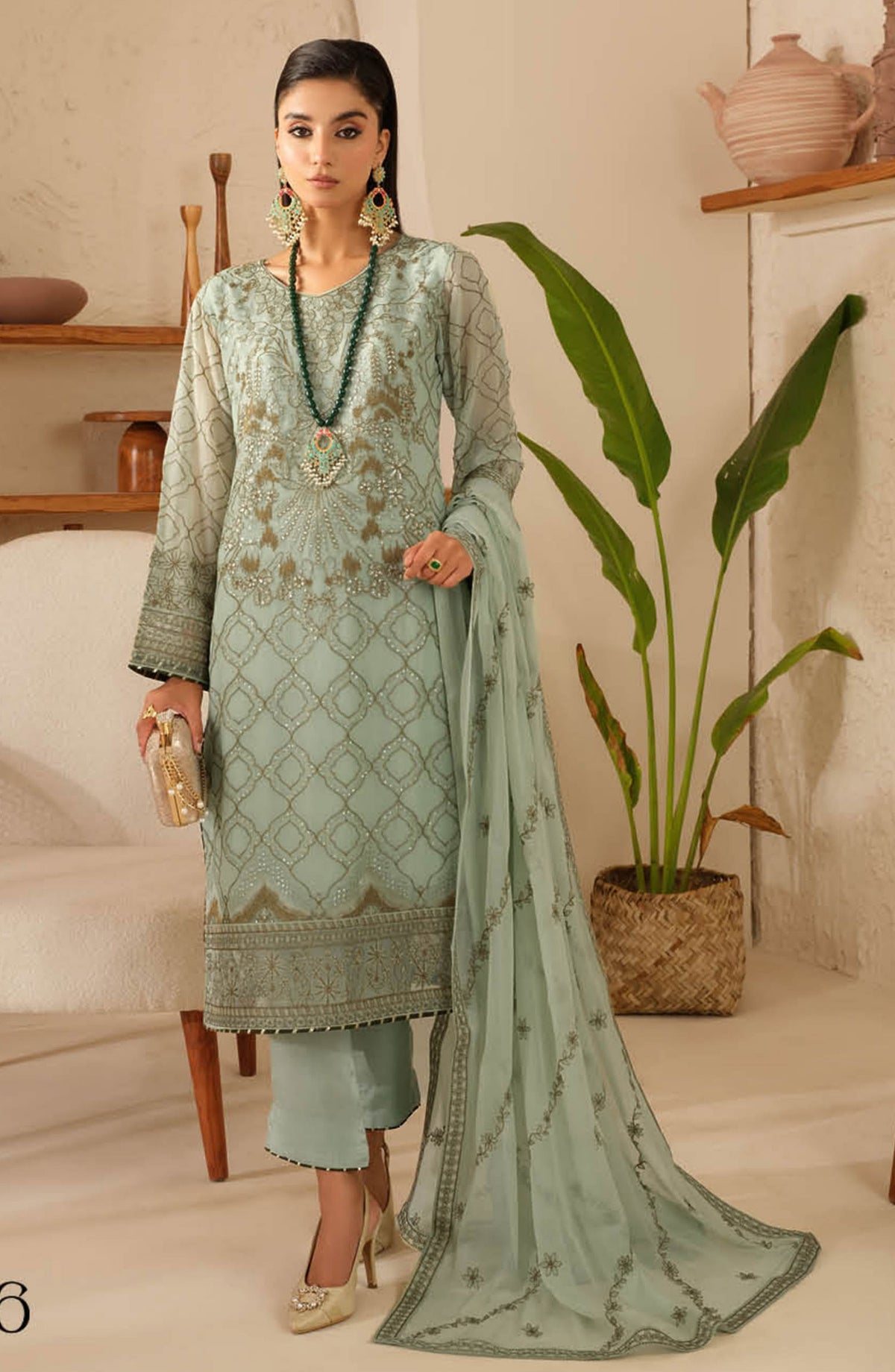 Sonehri by Ramsha Embroidered Chiffon Unstitched 3 Piece - BB-106 - R25S - Sea Green - Formal Collection