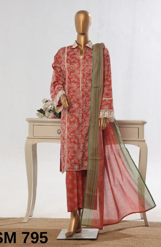 Bin Saeed Embroidered Lawn Stitched 3 Piece Suit - SM-795 - BS25EKR - Pink - Summer Collection