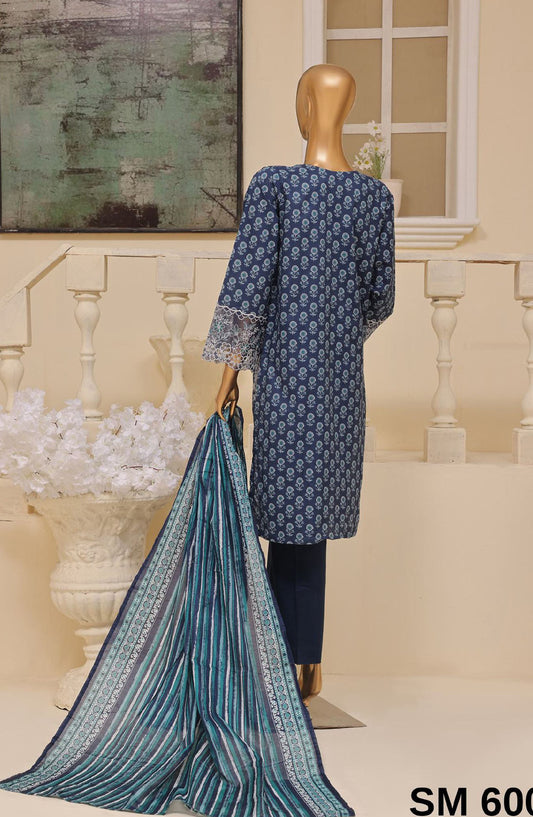 Bin Saeed Embroidered Lawn Stitched 3 Piece Suit - SM-600 - BS25EKR - Blue - Summer Collection
