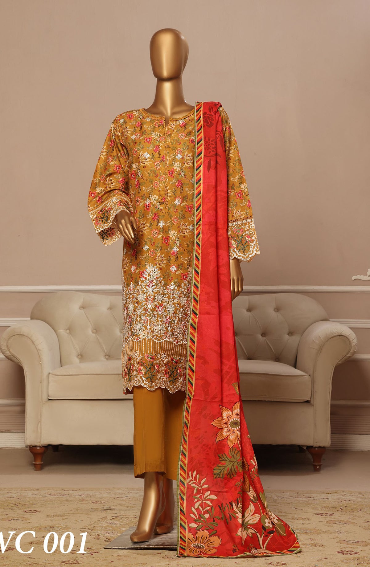 Bin Saeed Embroidered Lawn Stitched 3 Piece Suit - WC-001 - BS25EKR - Mustard - Summer Collection