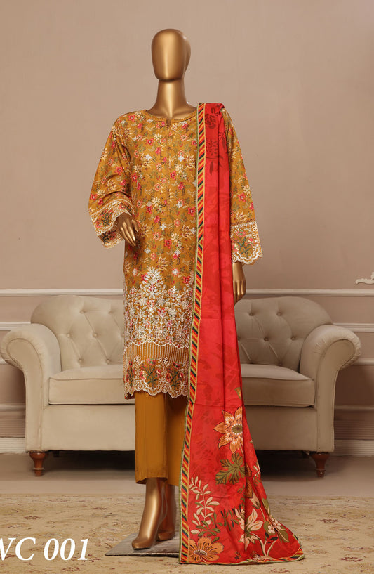 Bin Saeed Embroidered Lawn Stitched 3 Piece Suit - WC-001 - BS25EKR - Mustard - Summer Collection