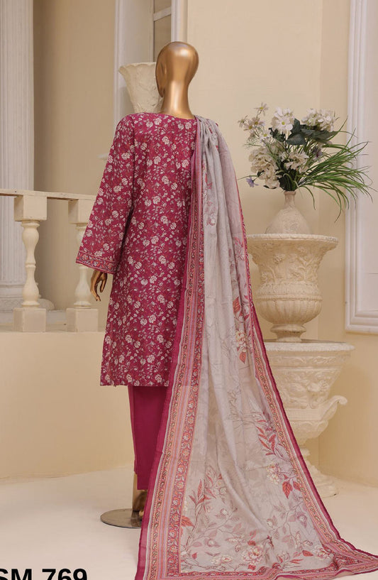 Bin Saeed Embroidered Lawn Stitched 3 Piece Suit - SM-769 - BS25EKR - Pink - Summer Collection