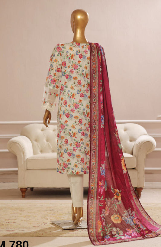 Bin Saeed Embroidered Lawn Stitched 3 Piece Suit - SM-780 - BS25EKR - White - Summer Collection