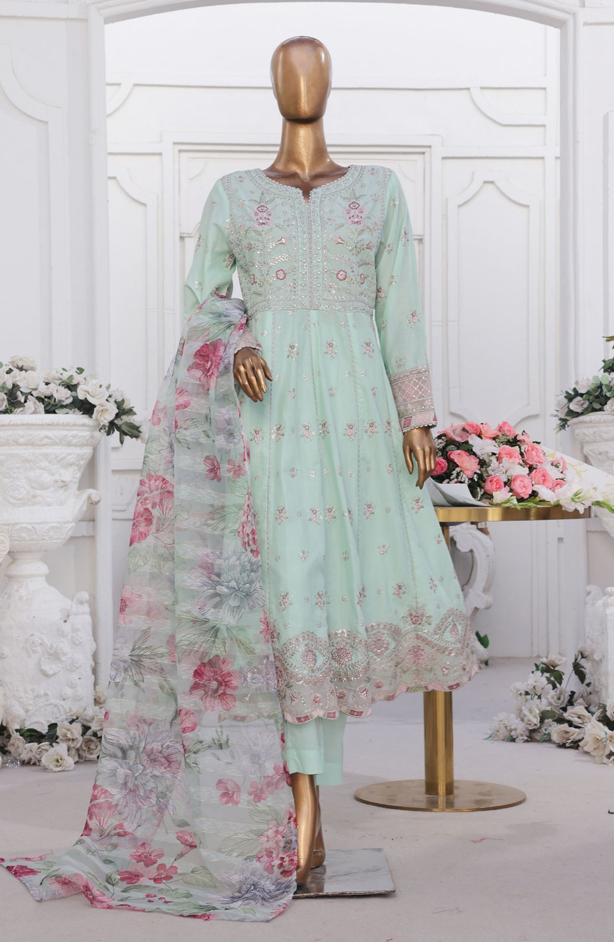 Bin Saeed Embroidered Cotton Stitched 3 Piece Frock - D-08 - BS25EEF - Green - Festive Collection