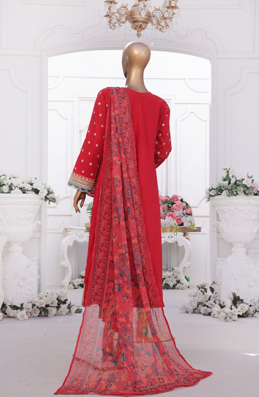 Bin Saeed Embroidered Cotton Stitched 3 Piece Frock - D-04 - BS25EEF - Red - Festive Collection