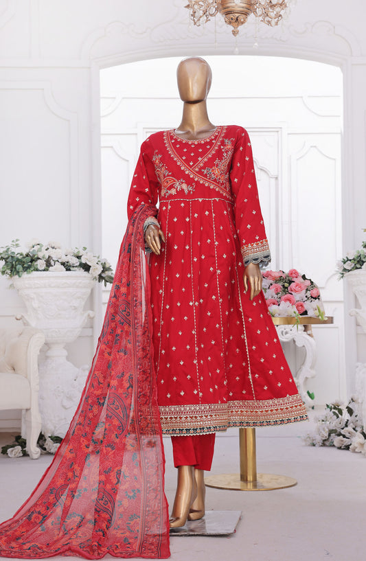 Bin Saeed Embroidered Cotton Stitched 3 Piece Frock - D-04 - BS25EEF - Red - Festive Collection