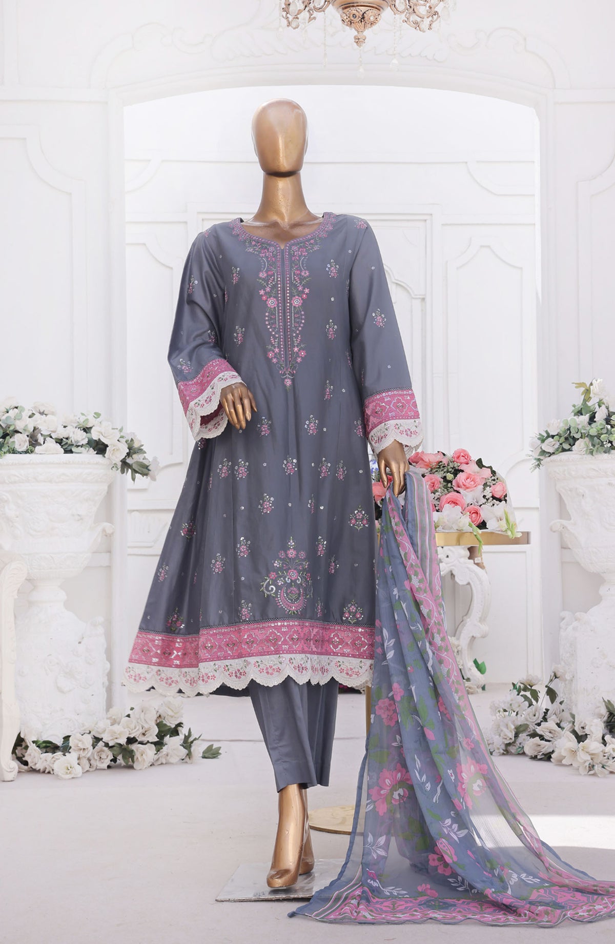 Bin Saeed Embroidered Cotton Stitched 3 Piece Frock - D-01 - BS25EEF - Grey - Festive Collection