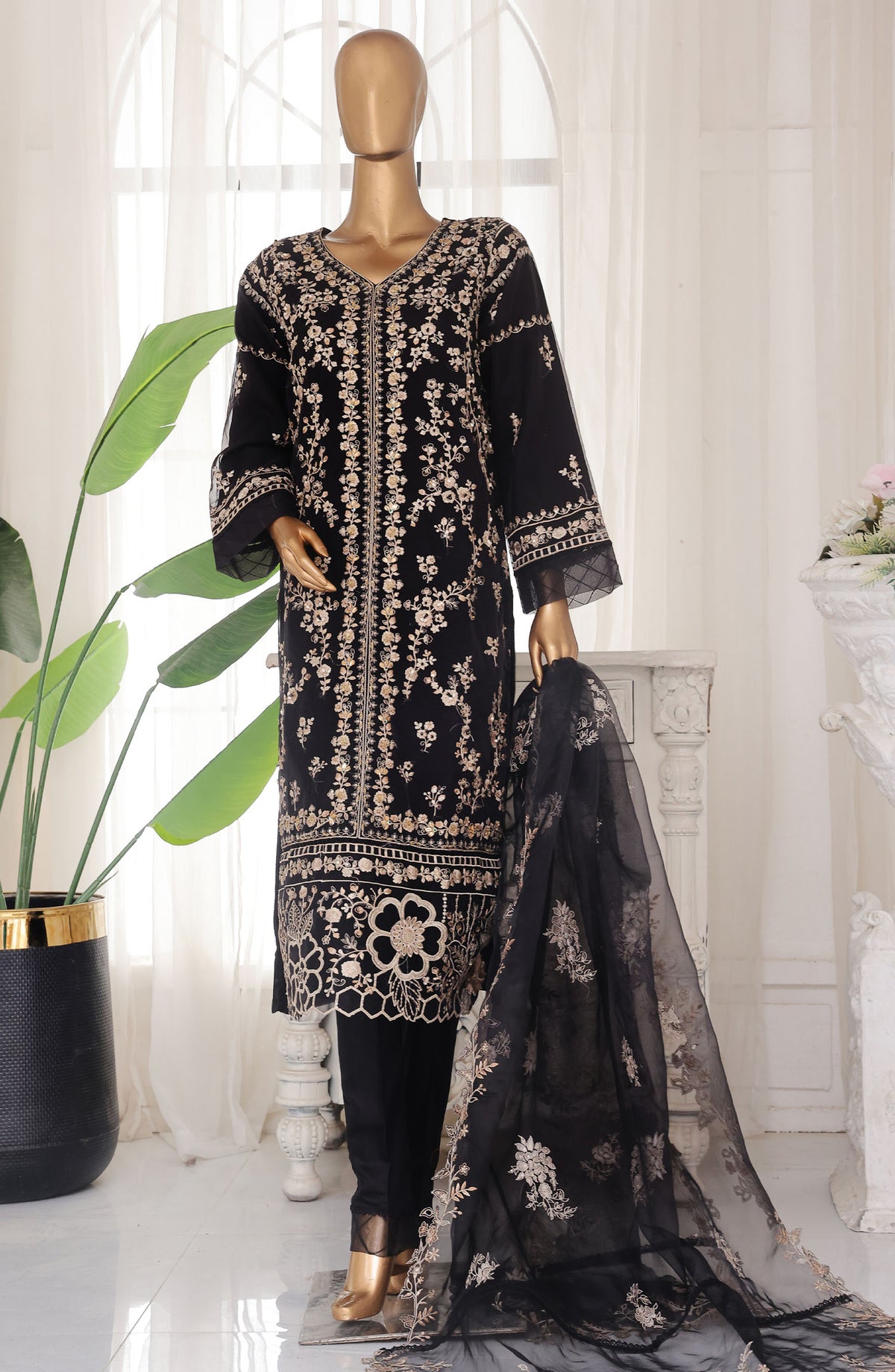 Bin Saeed Embroidered Organza Stitched 3 Piece Suit - D-03 - BS25ELC - Black - Festive Collection
